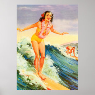 Poster Hawaii, fille surfeuse hawaïenne sur une grosse va