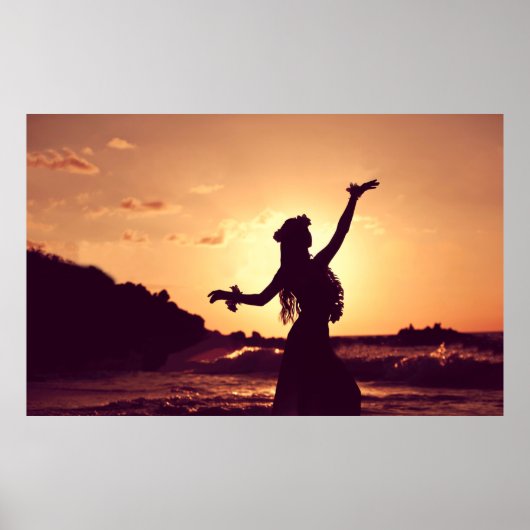 Poster Hawaii, hula fille silhouette au coucher du soleil (Devant)
