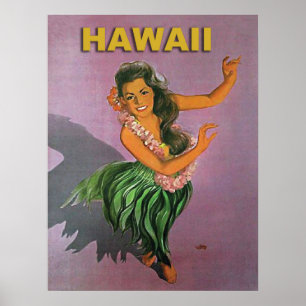 Poster Hawaii, Hula girl danse traditionnelle, voyage vin