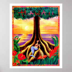 Poster Hawaii, île tropicale, sirène sous grand arbre