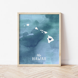 Poster Hawaii Map Aquarelle bleue Art personnalisé Imprim