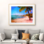 Poster Hawaii Palm Tree Vintage Look Photo Temps Plage<br><div class="desc">"A l'heure de la plage." Revenez à la mémoire de plages tropicales et paresseuses chaque fois que vous regardez cette rétro de vacances à Hawaii, vintage affiche d'un palmier solitaire sur une plage de sable, croissant, avec ciel bleu turquoise et eau limpide. Idéal pour n'importe quelle chambre de votre maison...</div>