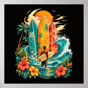 Poster Hawaii Planche de Surf Vague Plage Surfeur Vintage