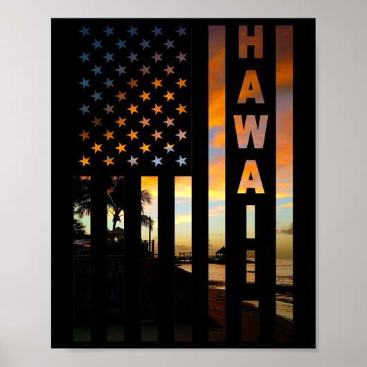 Poster Hawaii Sunset American Flag Honolulu Hawaiian Isla (Devant)