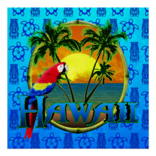Poster Hawaii Sunset Blue Tiki