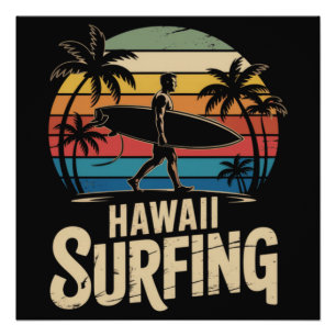 Poster Hawaii Surf Rétro - Surfeur Rétro de Plage au Couc