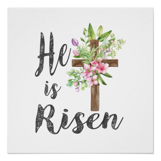 Poster He is Risen Floral Cross Vintage Happy Easter T-Sh (Devant)