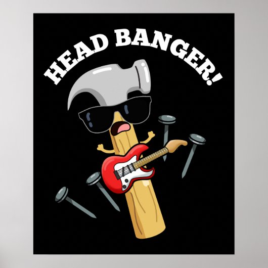 Poster Head Banger Funny Music Puns Dark BG (Devant)