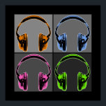 Poster Headphones<br><div class="desc">Quatre écouteurs Pop Art, chaque paire d'écouteurs est affichée dans un carré, chacun une nuance de gris différente. Les écouteurs sont dans les tons rétro orange, bleu, rose et vert avec des ombres noires qui définissent les formes et les contours des écouteurs. Le design du Four Pop Art Headphones a...</div>