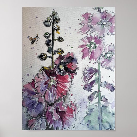 Poster Heavenly Hollyhocks aquarelle peinture (Devant)