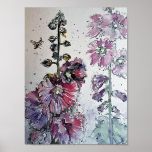 Poster Heavenly Hollyhocks Aquarelle Presse