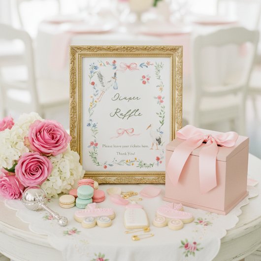 Poster Heirloom Rose & Ribbon Stork Diaper Raffle