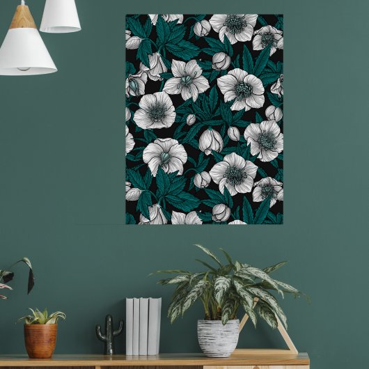 Poster Hellebores blancs avec feuilles bleus (Salon 1)