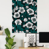 Poster Hellebores blancs avec feuilles bleus (Bureau à domicile)