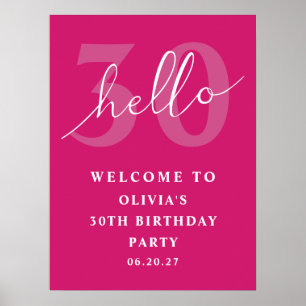 Poster Hello 30 Bold Typographie Hot rose Anniversaire Bi