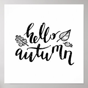 Poster Hello Autumn Leaves Black and White Calligraphy