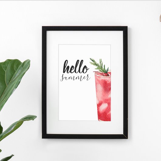 Poster Hello Summer Watercolor Red Cherry Cocktail