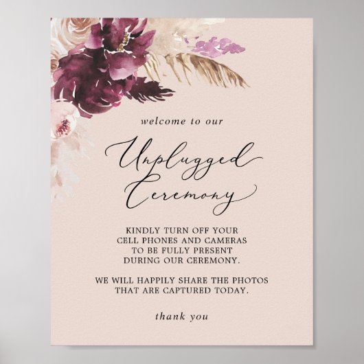Poster Herbe Boho Pampas | Peach Unplugged Ceremony Sign (Devant)