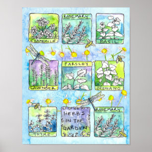 Poster Herbes Jardin Dragonlies Miel Bees Kitchen Art