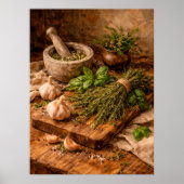 Poster Herbs and Garlic Still Life a Rustic Culinary (Devant)
