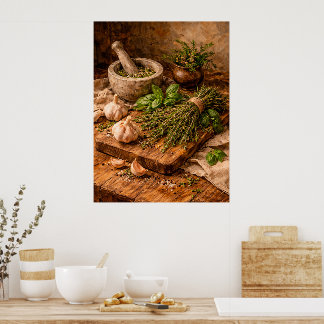 Poster Herbs and Garlic Still Life a Rustic Culinary