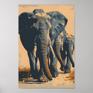 Poster Herd d'éléphants vintages : Sérénité dans la natur