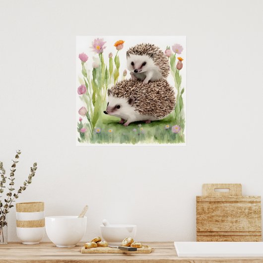 Poster Hérisson Aquarelle Adorable Avec Fleur (Cuisine)