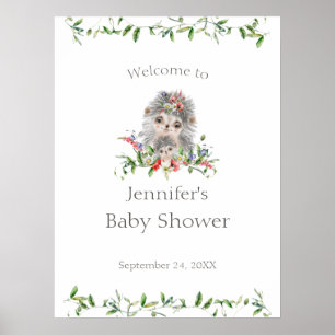 Poster Hérisson Aquarelle Baby shower Floral Bienvenue