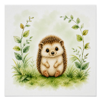 Poster Hérisson botanique mignon aquarelle faune