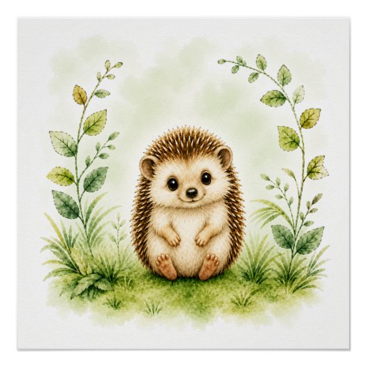 Poster Hérisson botanique mignon aquarelle faune (Devant)