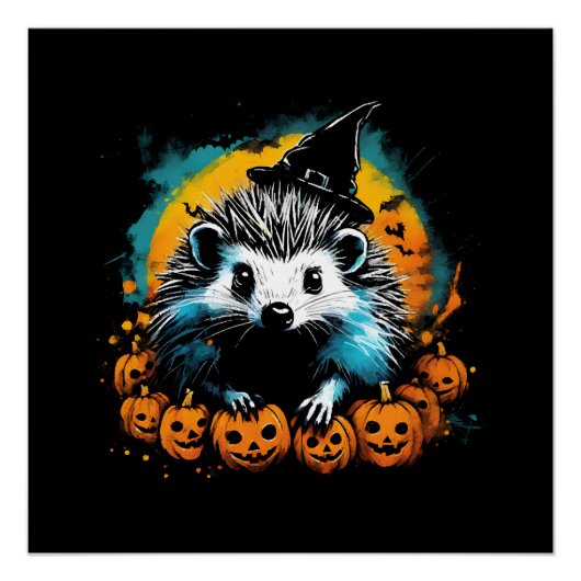 Poster Hérisson d'Halloween et citrouilles mignonnes (Devant)