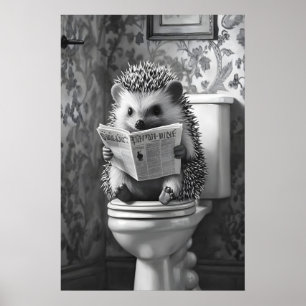 Poster Hérisson lisant un journal sur les toilettes, drôl