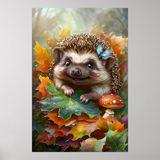 Poster Hérisson Mignon dans les Feuilles d'Automne – Art (Devant)