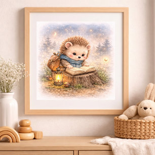 Poster Hérisson Mignon Lisant Un Livre Pour La Nurserie D