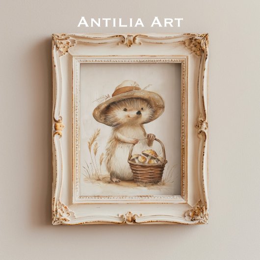 Poster Hérisson Whimsical Panier de champignons Bois Anim