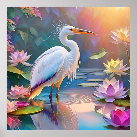 Poster Héron blanc à bec orange, oiseau de fantaisie (Devant)