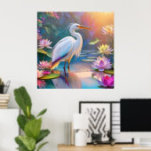Poster Héron blanc à bec orange, oiseau de fantaisie (Bureau à domicile)