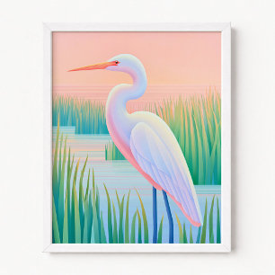 Poster Héron Blanc Pastel Ombre Coucher de Soleil