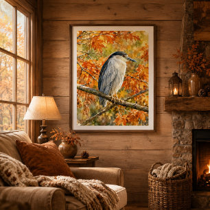 Poster Héron d'automne aquarelle boisée