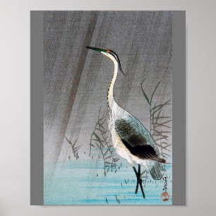 Poster Héron vert en pluie, Watanabe Seitei