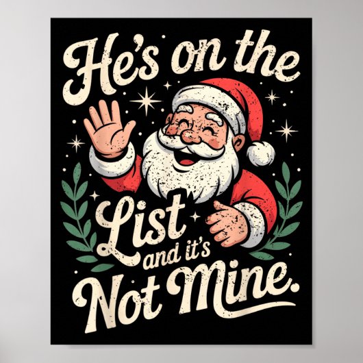 Poster He's On The List Not Mine Santa Retro Christmas (Devant)
