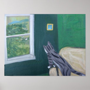 Poster— Het Uitzicht/Kat op dienst bij het raam Poster