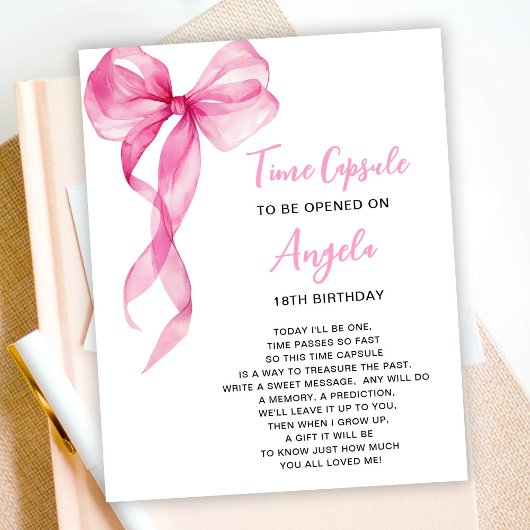 Poster Heure Capsule Pink Bow Girls 1er anniversaire
