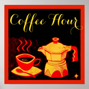Poster HEURE DE CAFÉ /Coupe Et Café Jaune Rouge