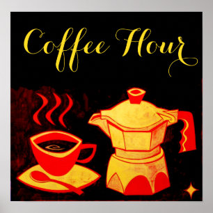 Poster HEURE DE CAFÉ /Coupe Et Café Jaune Rouge