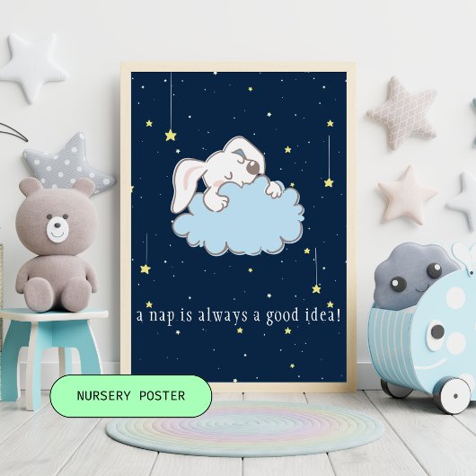 Poster Heure de la sieste - Lapin mignon sur un nuage Aff