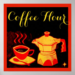 Poster HEURE DU CAFÉ /Tasse à café et cafetière rouge jau