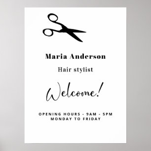 Poster Heures d'ouverture de coiffeur blanc bienvenue
