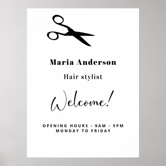 Poster Heures d'ouverture de coiffeur blanc bienvenue (Devant)
