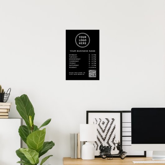 Poster Heures d'ouverture Logo Code QR Noir (Bureau à domicile)